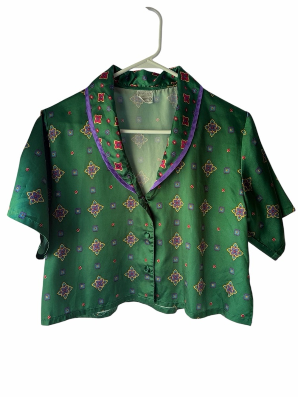 Vintage 80s/90’s “Kathryn” Jewel Tone Satin Pajama Top Foulard Print